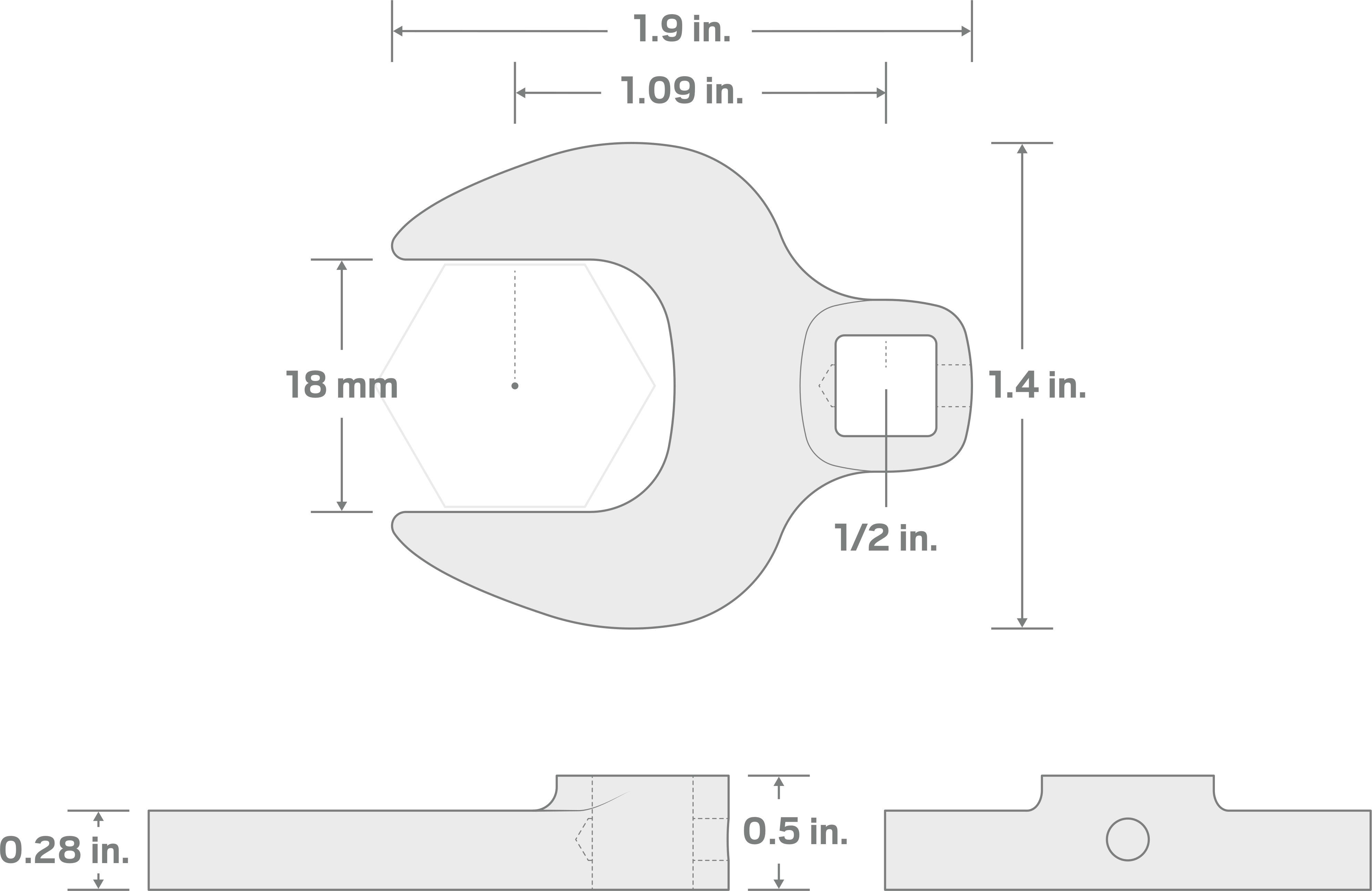 Specs for 1/2 Inch Drive x 18 mm Crowfoot Wrench