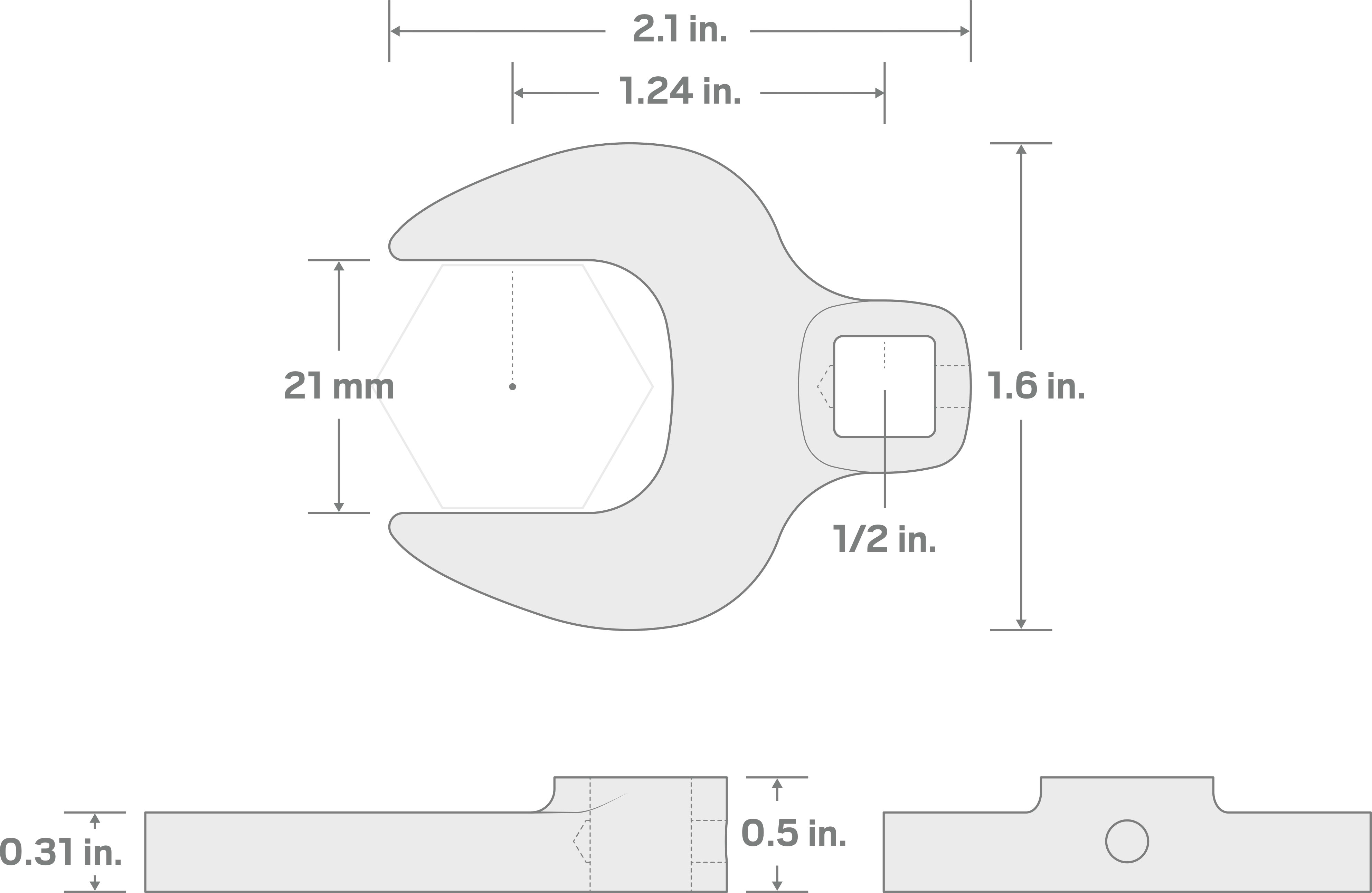 Specs for 1/2 Inch Drive x 21 mm Crowfoot Wrench