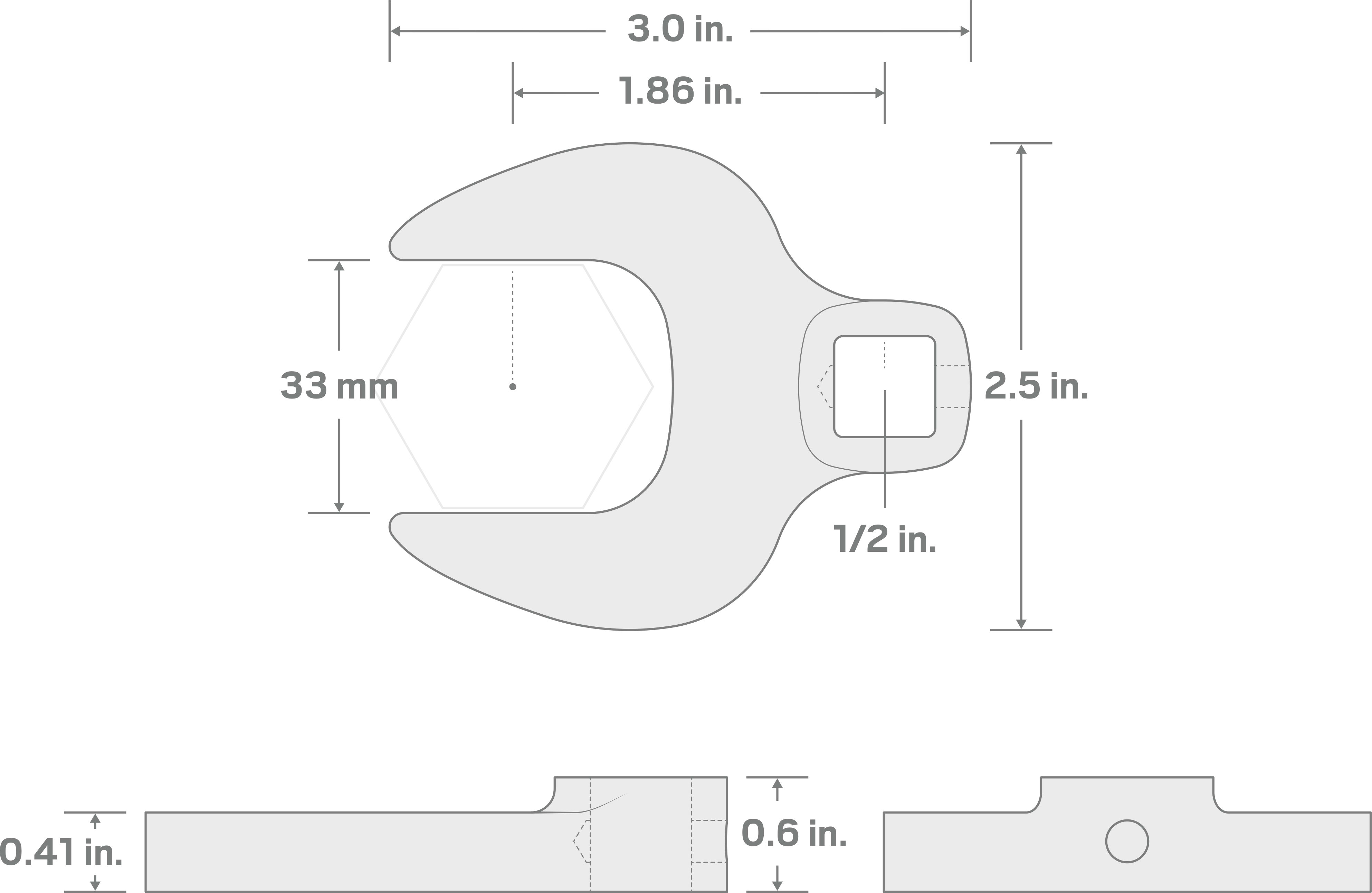 Specs for 1/2 Inch Drive x 33 mm Crowfoot Wrench